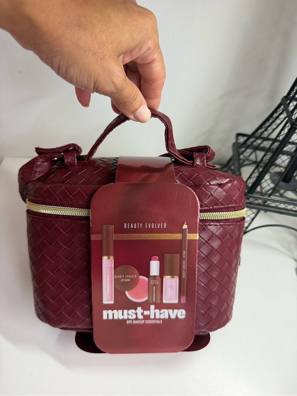 Must Have Burgundy Woven Cosmetic Case with Top Handle